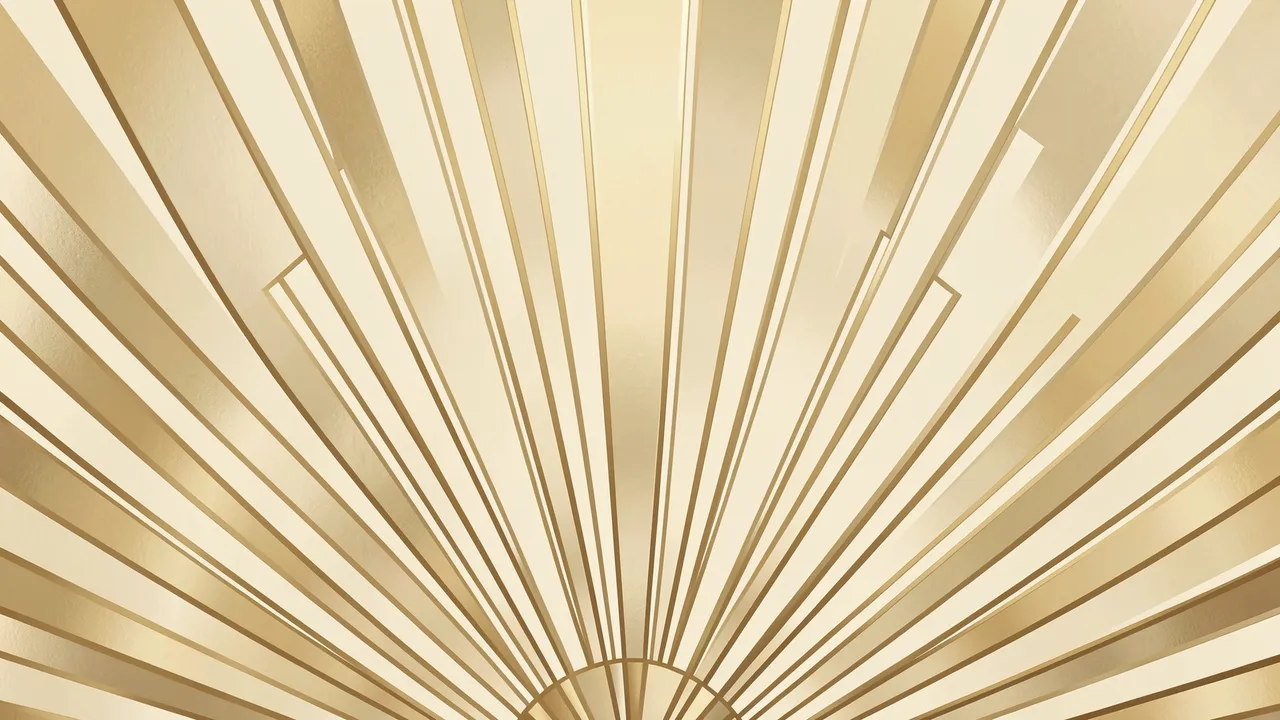 Symmetrical Art Deco sunburst rays in champagne gold and cream fill the frame with upper copy space