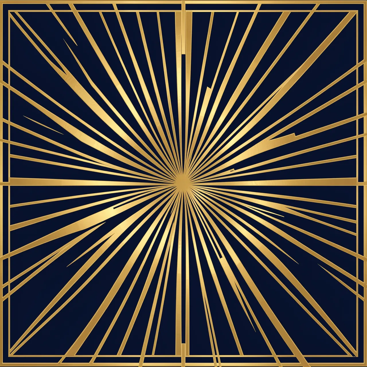 Symmetrical metallic gold Art Deco sunburst and frame against a deep navy blue background