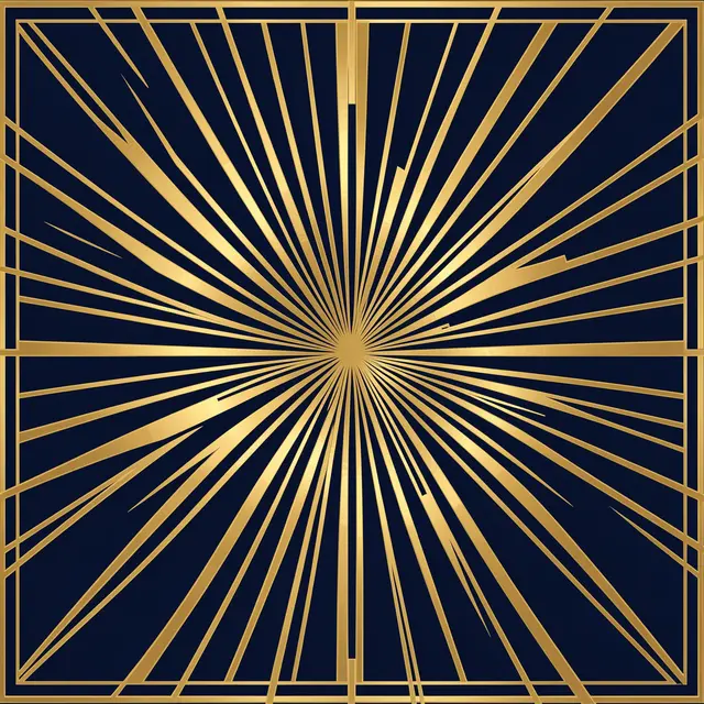 Symmetrical metallic gold Art Deco sunburst and frame against a deep navy blue background