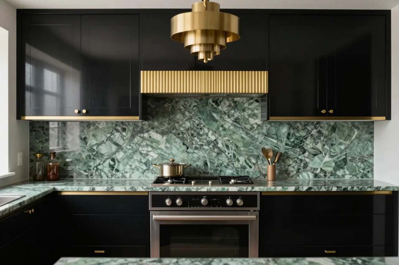 Stylish art deco kitchen with black cabinets, green marble backsplash and tiered brass pendant light