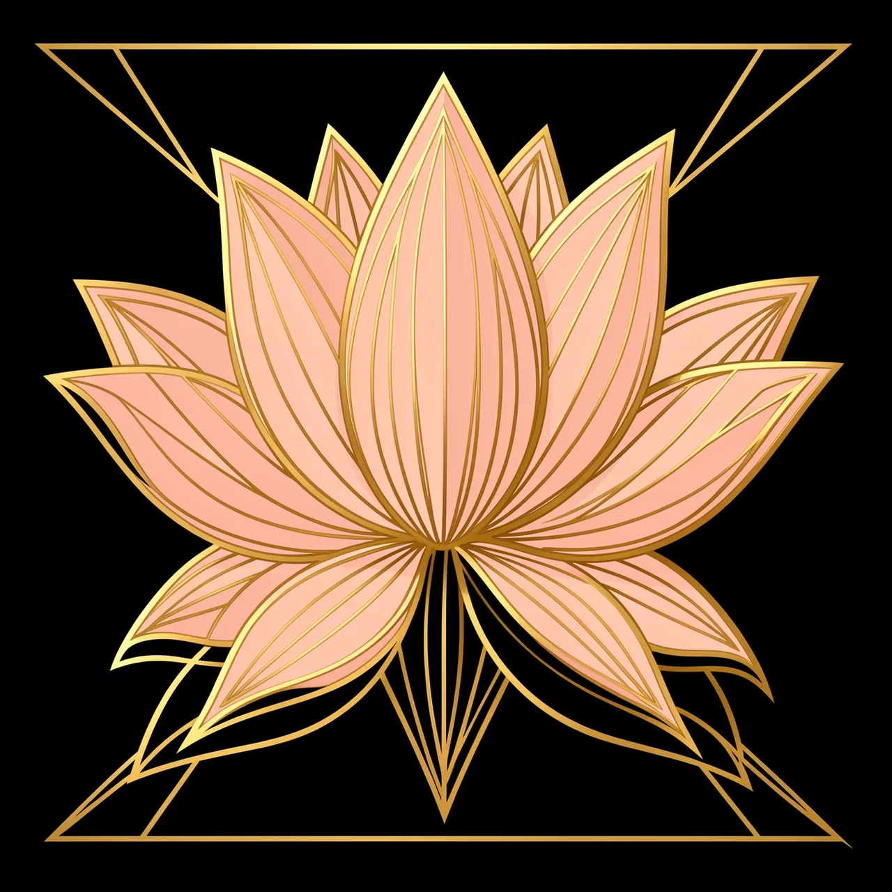 Stylized art deco lotus illustration in blush pink and gold linework on a solid black background