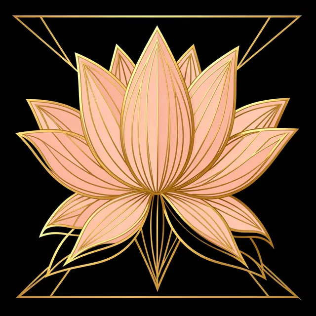 Stylized art deco lotus illustration in blush pink and gold linework on a solid black background