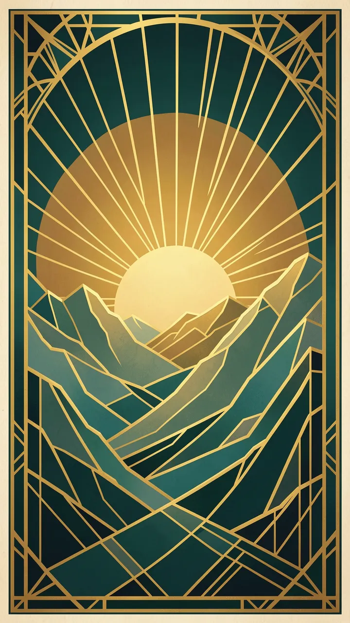 Vertical stylized Art Deco illustration of a sunrise over geometric layered mountains in gold and teal