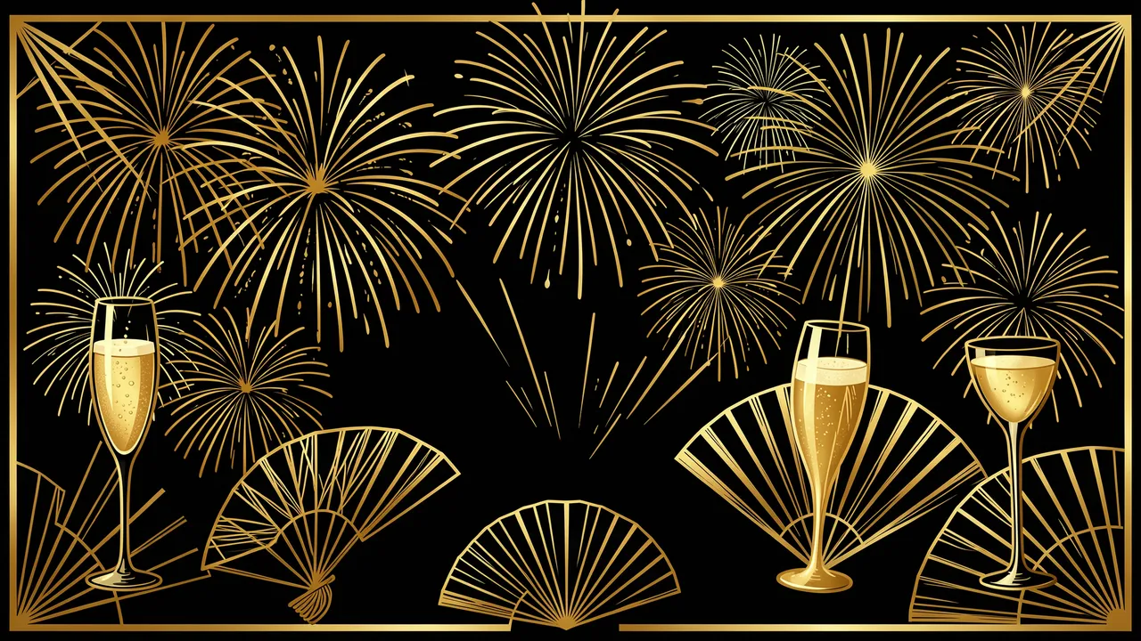 Art deco style illustration of gold fireworks, hand fans and champagne coupes on a solid black background with a thin gold