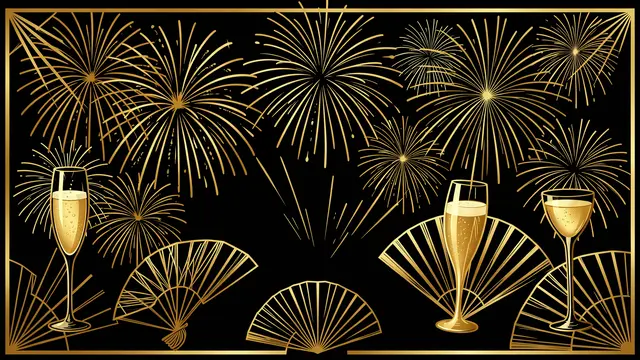 Art deco style illustration of gold fireworks, hand fans and champagne coupes on a solid black background with a thin gold