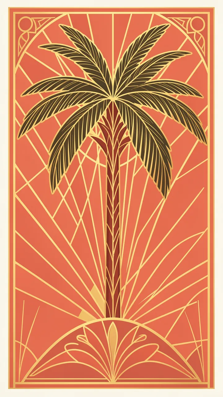 Vertical Art Deco illustration of a palm tree framed by gold sunburst lines on a coral background