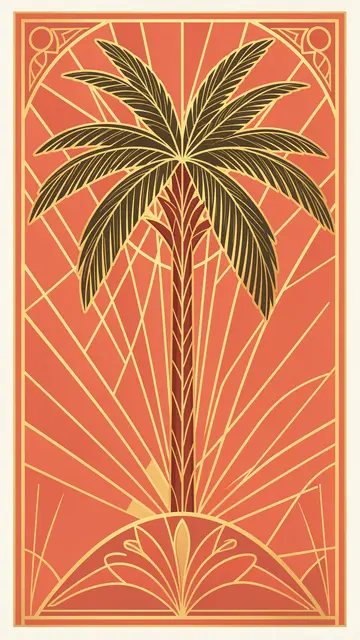 Vertical Art Deco illustration of a palm tree framed by gold sunburst lines on a coral background
