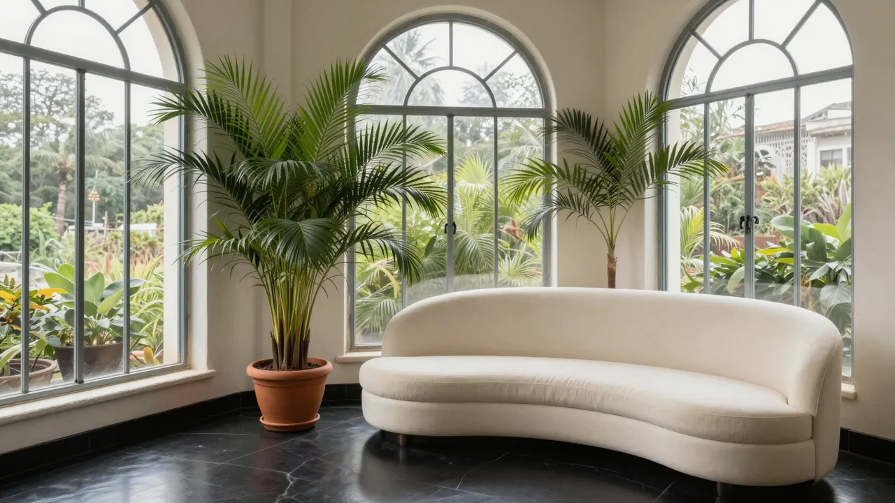 Curved cream sofa sits between potted palms beneath arched steel sunroom windows overlooking tropical greenery