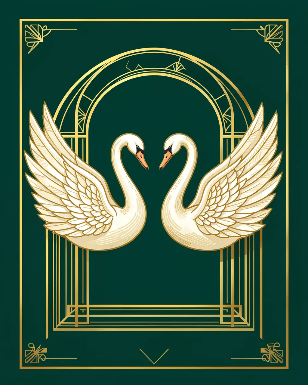 Two stylized facing white swans sit beneath a gold art deco arch on a deep emerald background