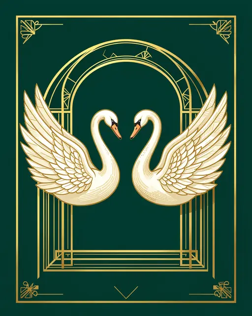 Two stylized facing white swans sit beneath a gold art deco arch on a deep emerald background