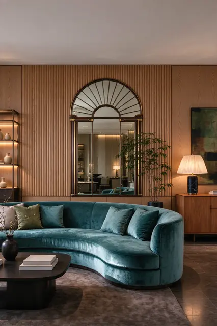 Elegant art deco living room with curved teal sofa, fluted oak paneling and fan-arched wall mirror
