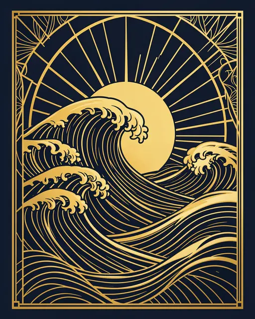 Stylized gold Art Deco illustration of rolling waves and a rising sun against a navy background