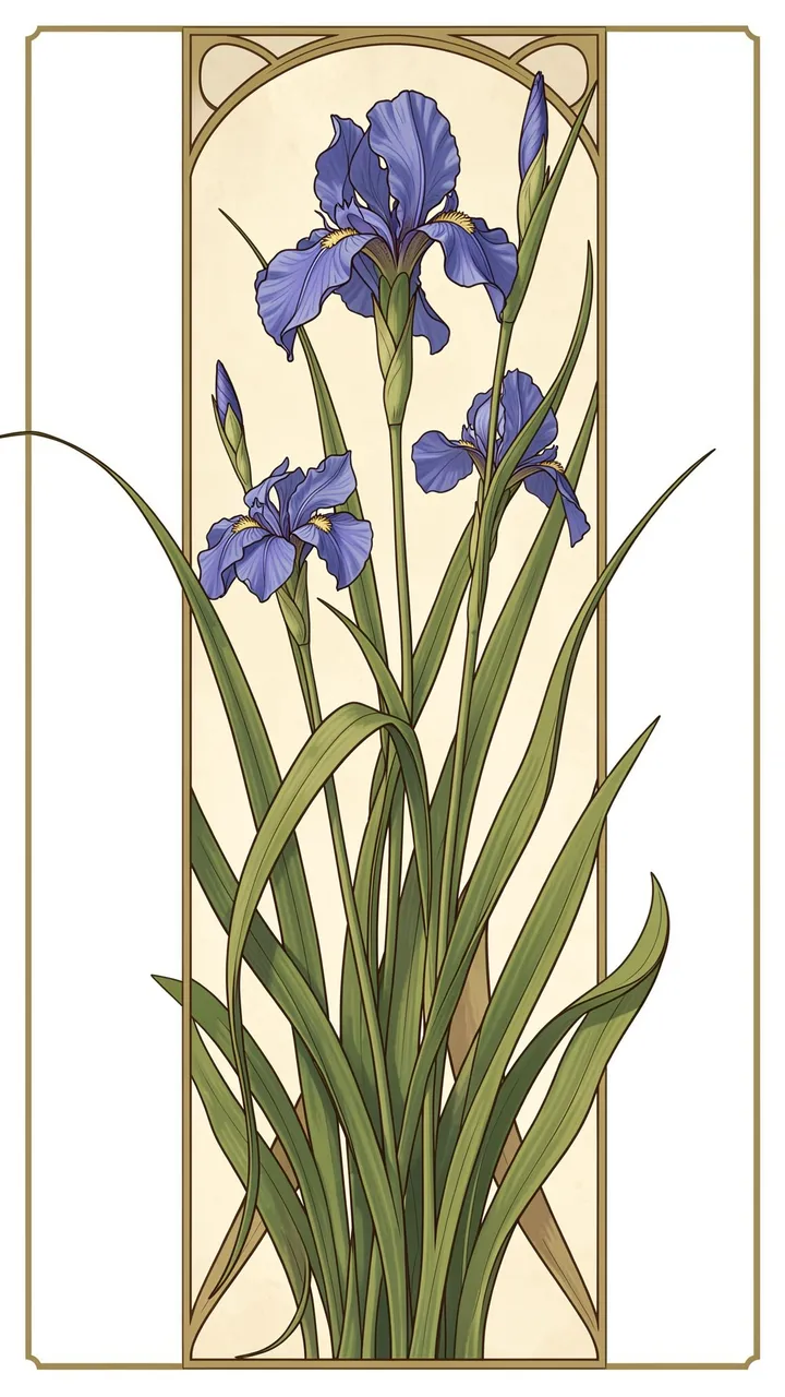Vertical art nouveau decorative panel featuring blue irises with a muted gold border