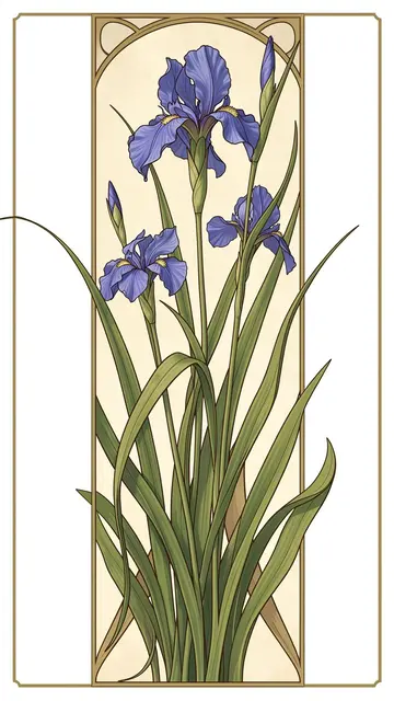 Vertical art nouveau decorative panel featuring blue irises with a muted gold border