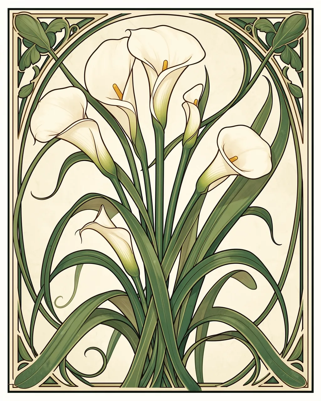 Ornate art nouveau illustration of cream calla lilies with emerald curved foliage in a decorative framed panel