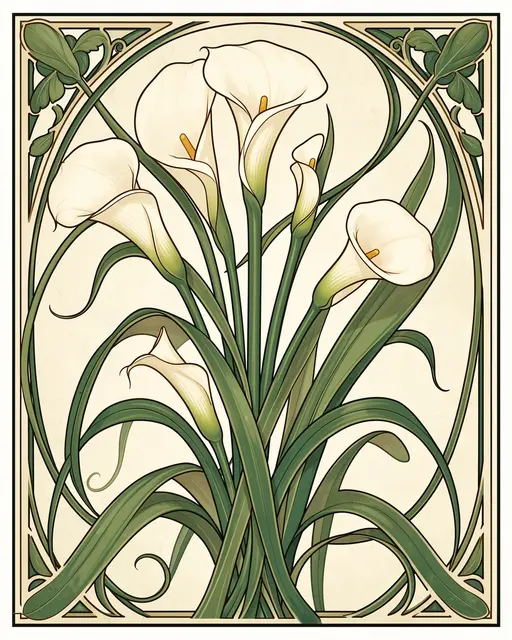 Ornate art nouveau illustration of cream calla lilies with emerald curved foliage in a decorative framed panel