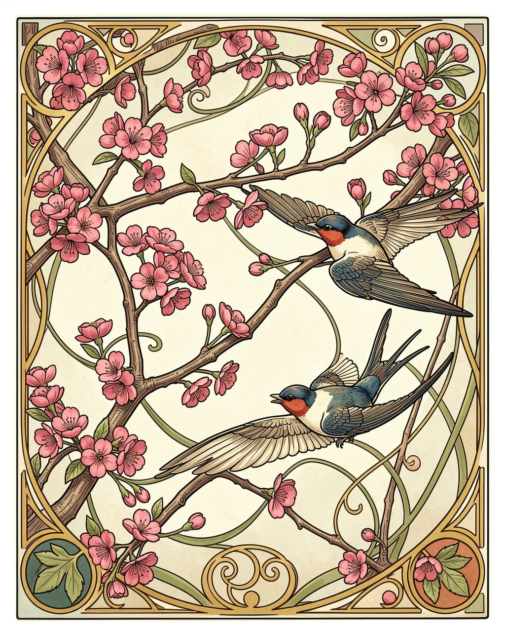 Decorative art nouveau panel featuring cherry blossom branches and two flying swallows within an ornate framed border
