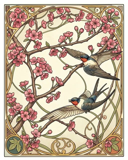 Decorative art nouveau panel featuring cherry blossom branches and two flying swallows within an ornate framed border