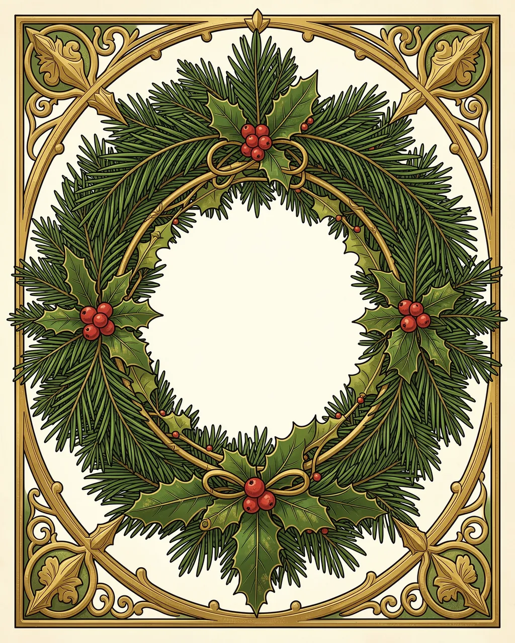 Ornate art nouveau framed Christmas wreath with pine boughs, holly, red berries and gold scrollwork border