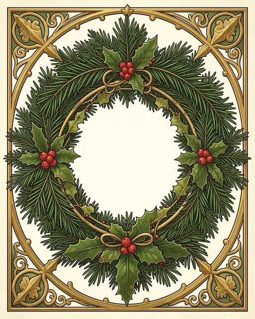 Ornate art nouveau framed Christmas wreath with pine boughs, holly, red berries and gold scrollwork border