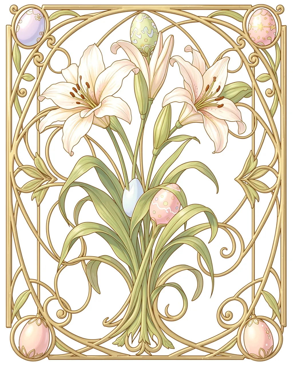 Ornate golden art nouveau frame surrounds white lilies, pastel decorated Easter eggs and curling green vines