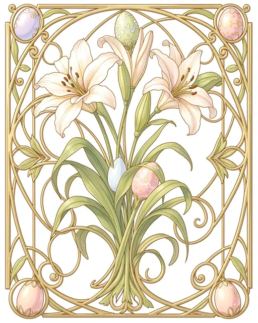 Ornate golden art nouveau frame surrounds white lilies, pastel decorated Easter eggs and curling green vines