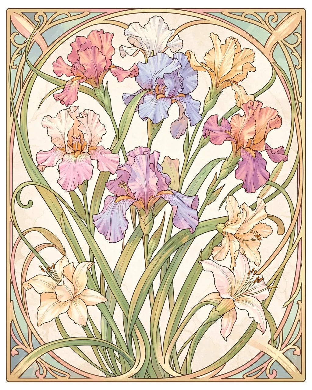 Art nouveau illustration of pastel irises and lilies framed by curving decorative vines