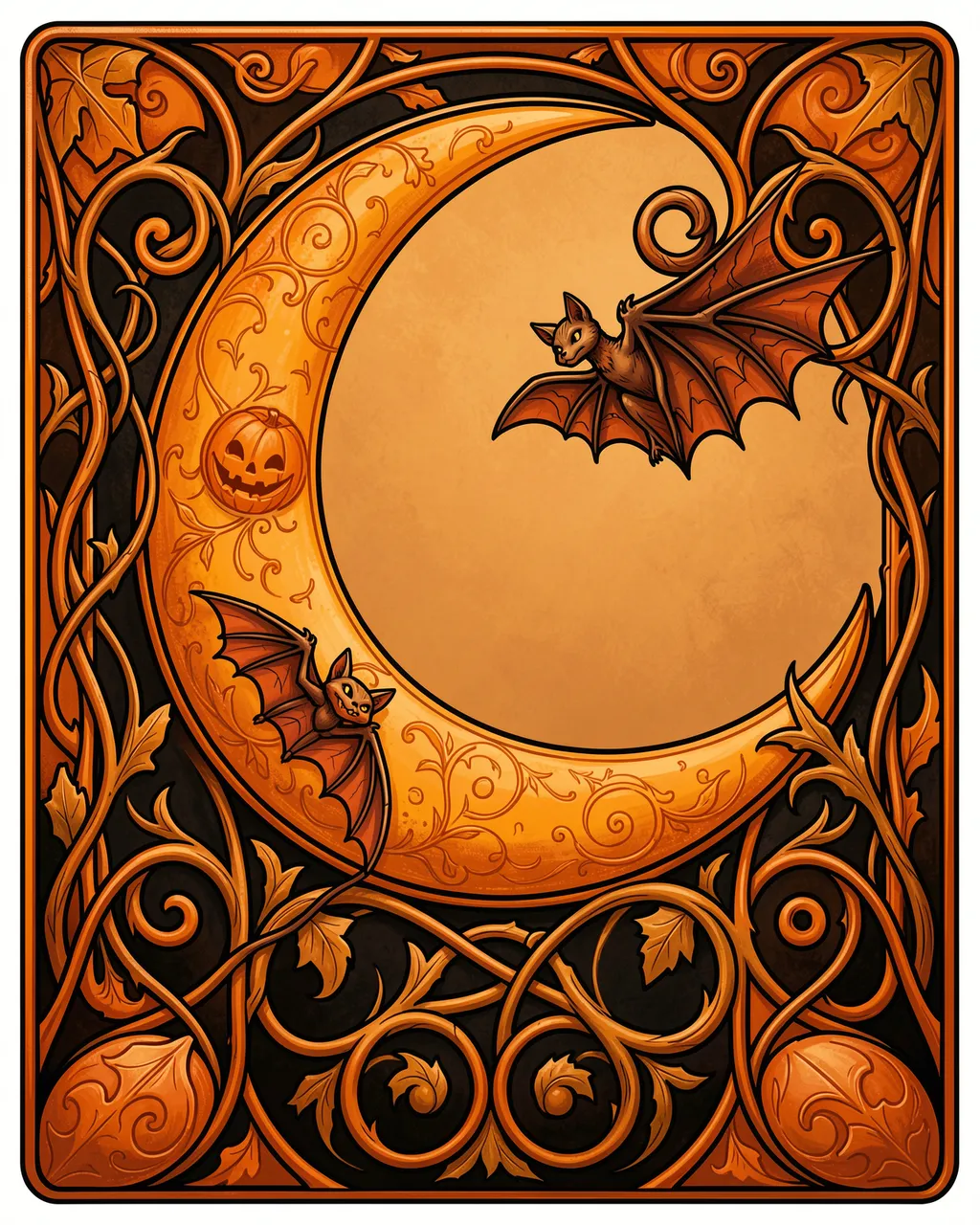 Decorative art nouveau Halloween panel featuring an ornate crescent moon, two bats, and curling orange vines on a black