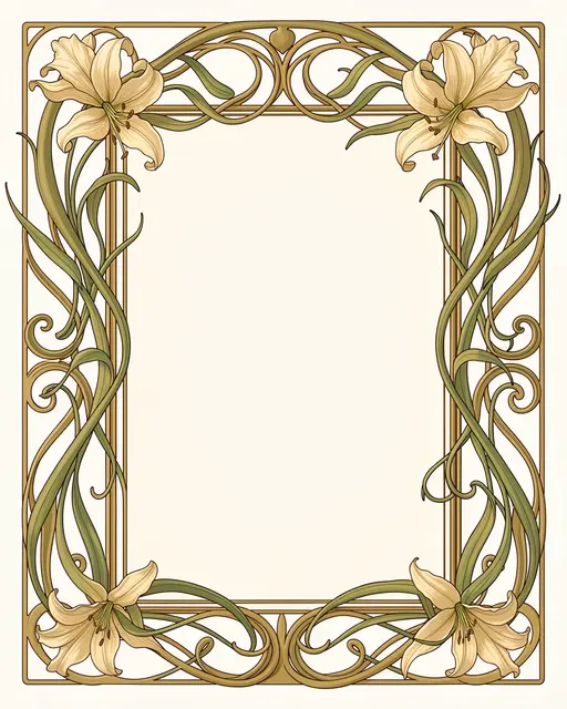 Symmetrical art nouveau frame with lilies, curving stems, and an empty cream central panel