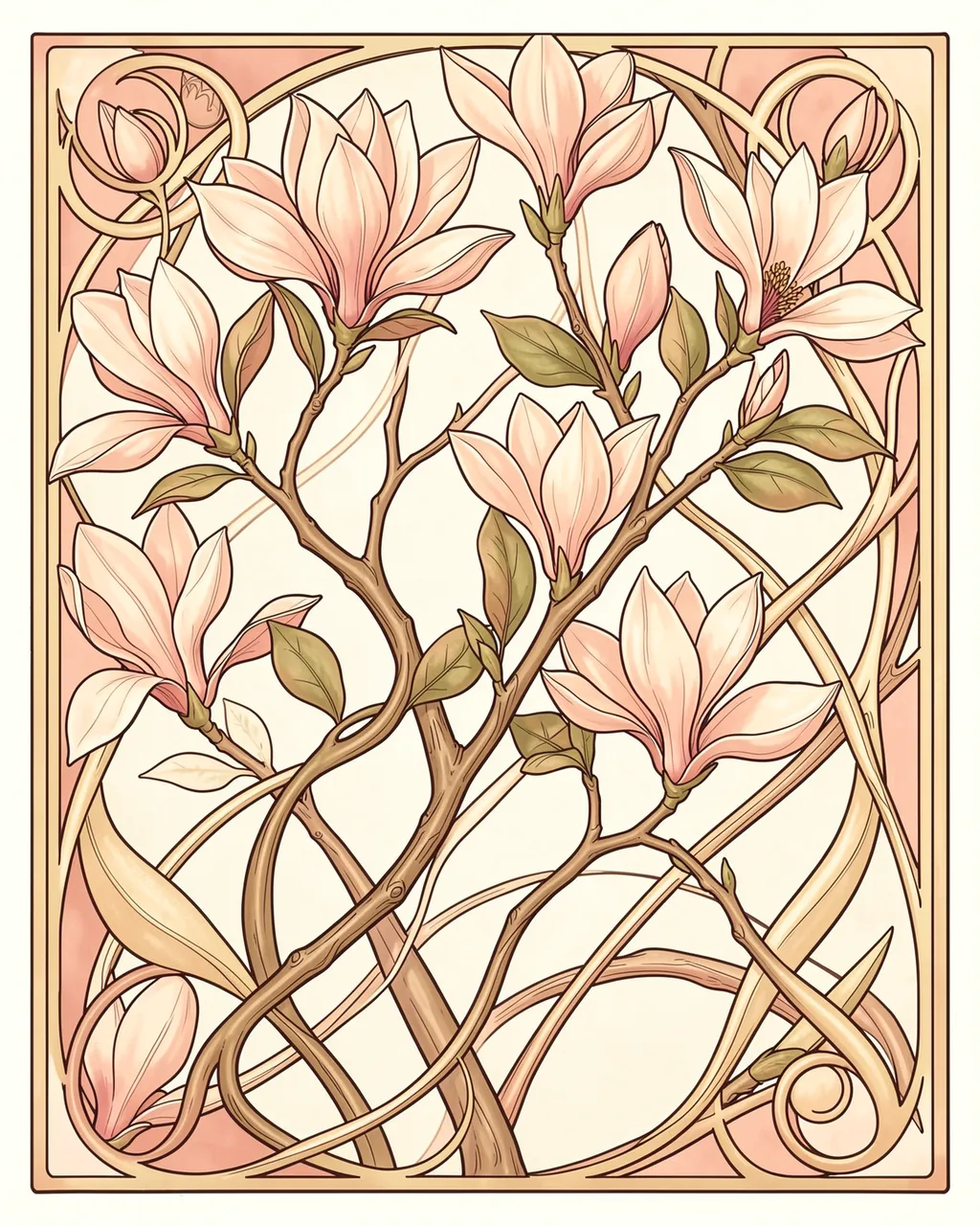 Decorative art nouveau panel featuring blush and ivory magnolia branches with sinuous swirling stems