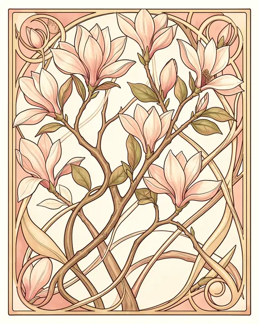 Decorative art nouveau panel featuring blush and ivory magnolia branches with sinuous swirling stems