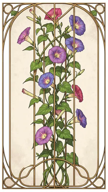 Art nouveau style panel of climbing morning glories framed by ornate golden trelliswork on a textured light background
