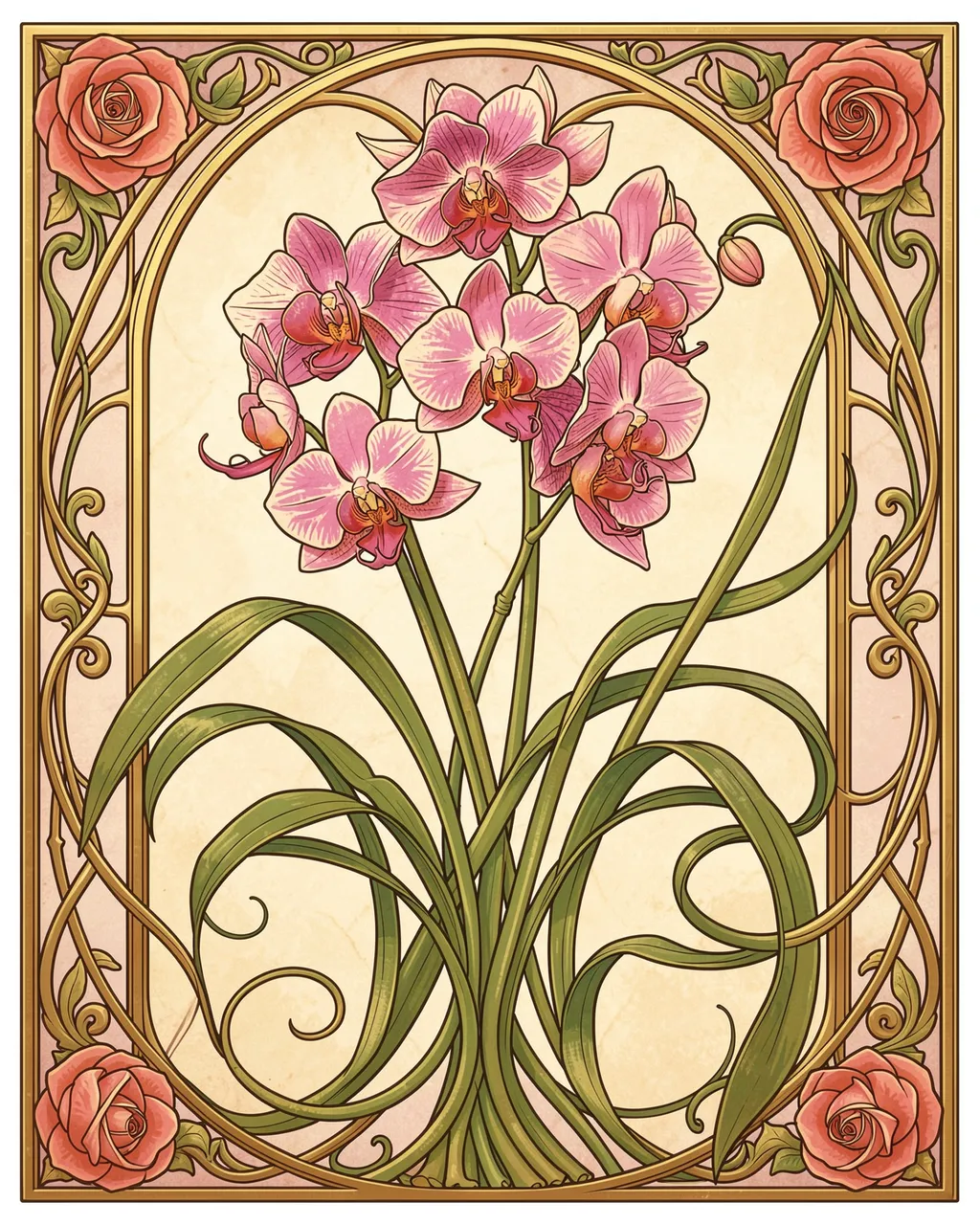 Framed art nouveau illustration of pink orchids on curling green stems surrounded by decorative roses and gold filigree