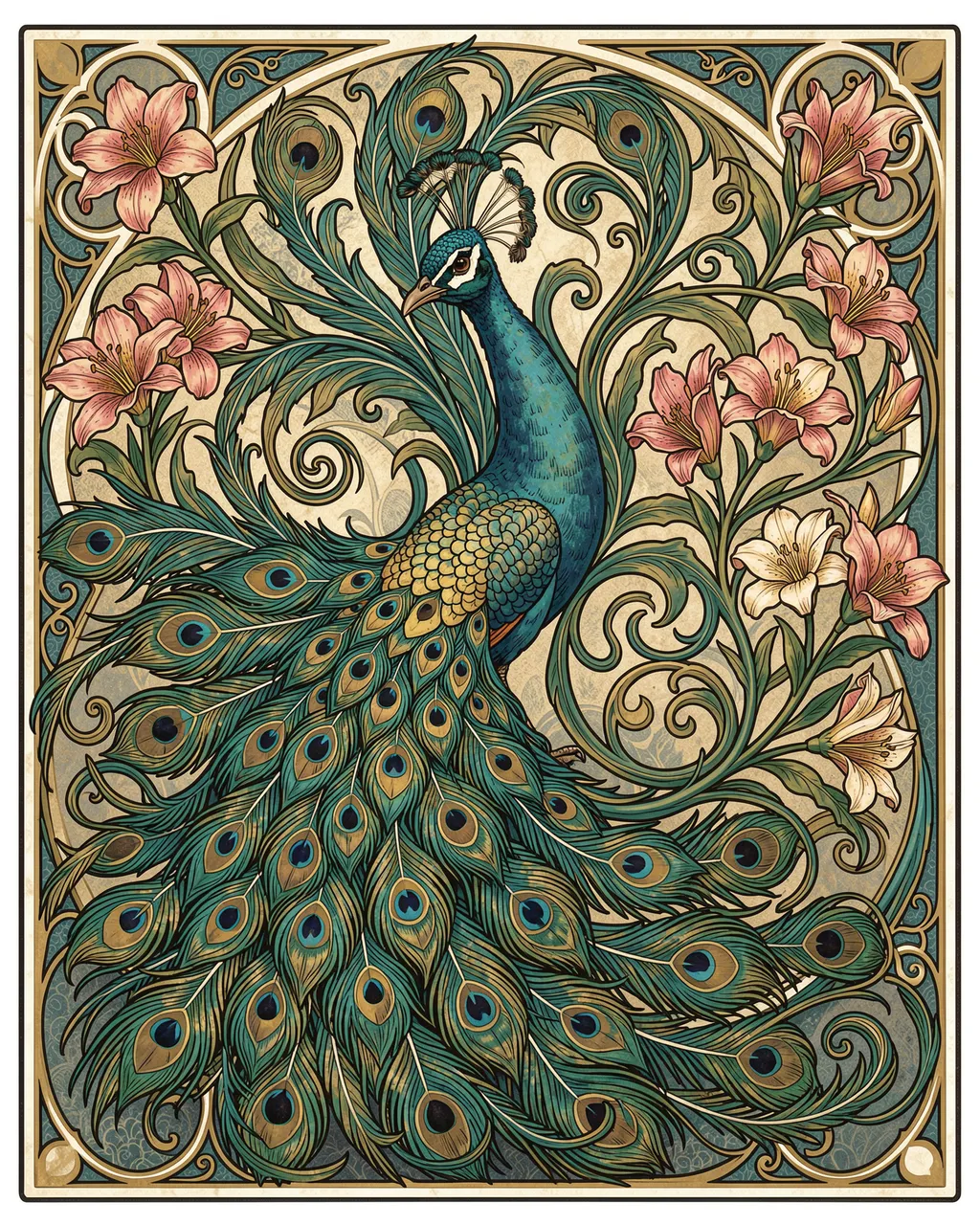 Ornate art nouveau illustration of a peacock with swirling teal and gold tail feathers framed by pink lilies