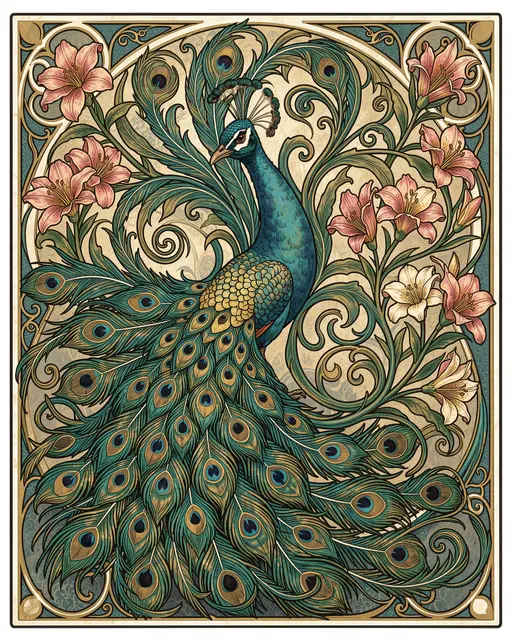 Ornate art nouveau illustration of a peacock with swirling teal and gold tail feathers framed by pink lilies