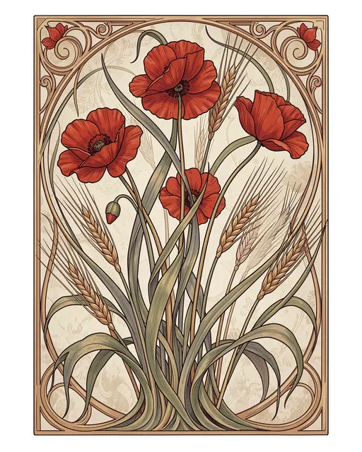 Framed art nouveau decorative panel featuring red poppies, wheat stalks and flowing ornate curves on a muted aged background