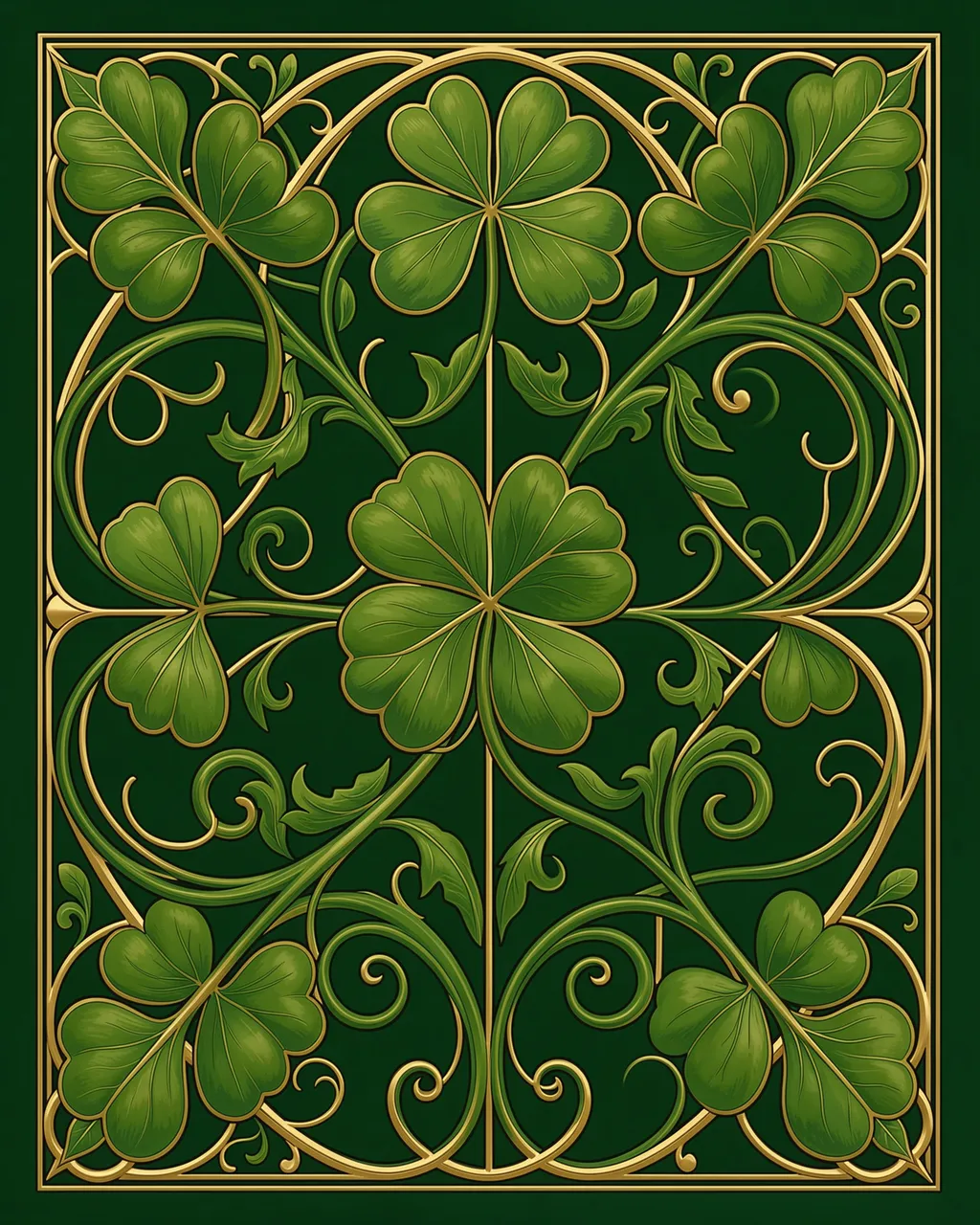 Ornate symmetrical art nouveau panel featuring shamrocks, curling vines and gold line accents on a deep green background