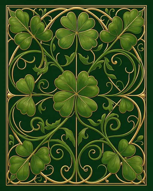 Ornate symmetrical art nouveau panel featuring shamrocks, curling vines and gold line accents on a deep green background