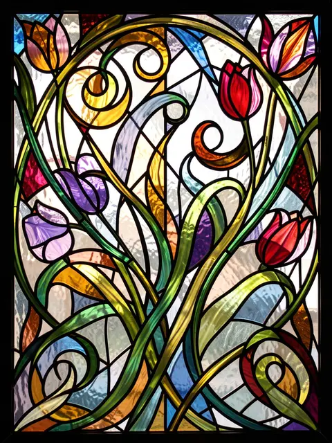 Stained glass panel with bold lead lines, swirling vines and multicolored tulip blooms in jewel tones