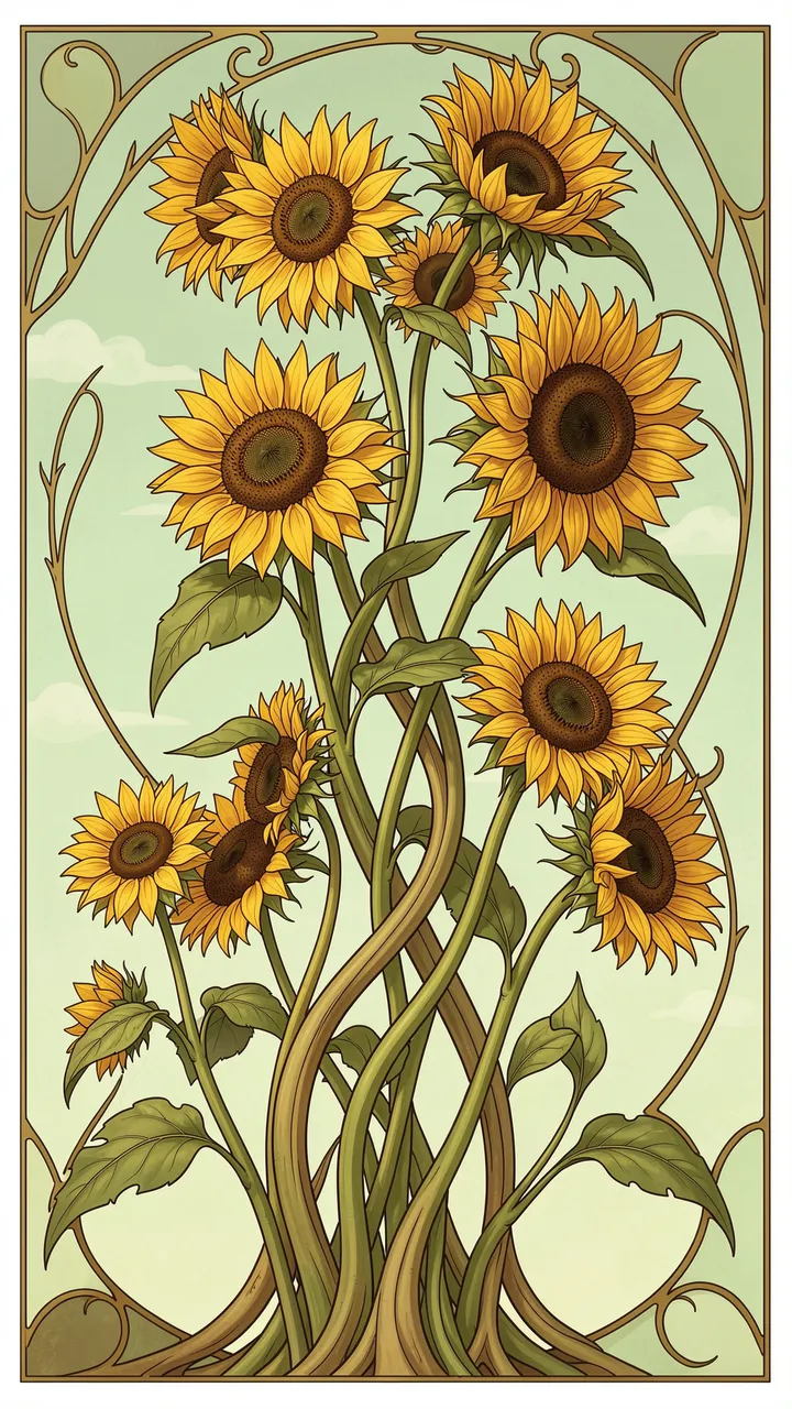 Art nouveau style illustration of tall sunflowers with sinuous stems against a pale green sky framed by decorative scrollwork