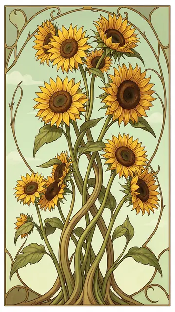 Art nouveau style illustration of tall sunflowers with sinuous stems against a pale green sky framed by decorative scrollwork