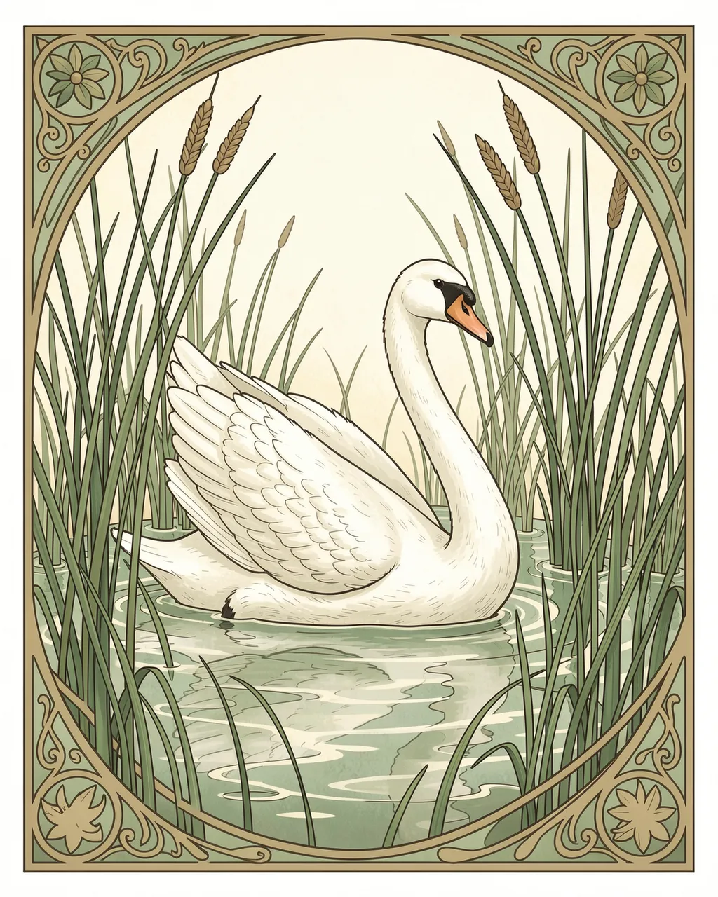 A white swan floats among slender reeds framed by an ornate art nouveau decorative border