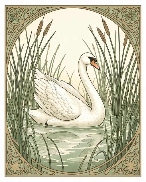 A white swan floats among slender reeds framed by an ornate art nouveau decorative border