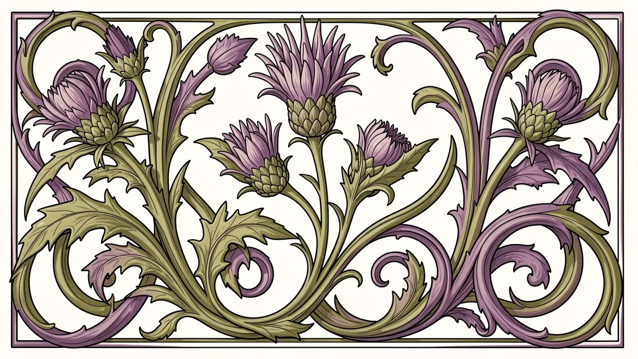Ornate art nouveau frieze with flowing purple thistles and curling olive foliage in a rectangular border