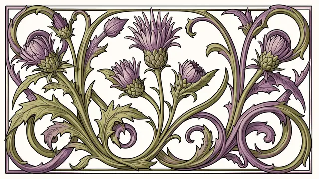 Ornate art nouveau frieze with flowing purple thistles and curling olive foliage in a rectangular border