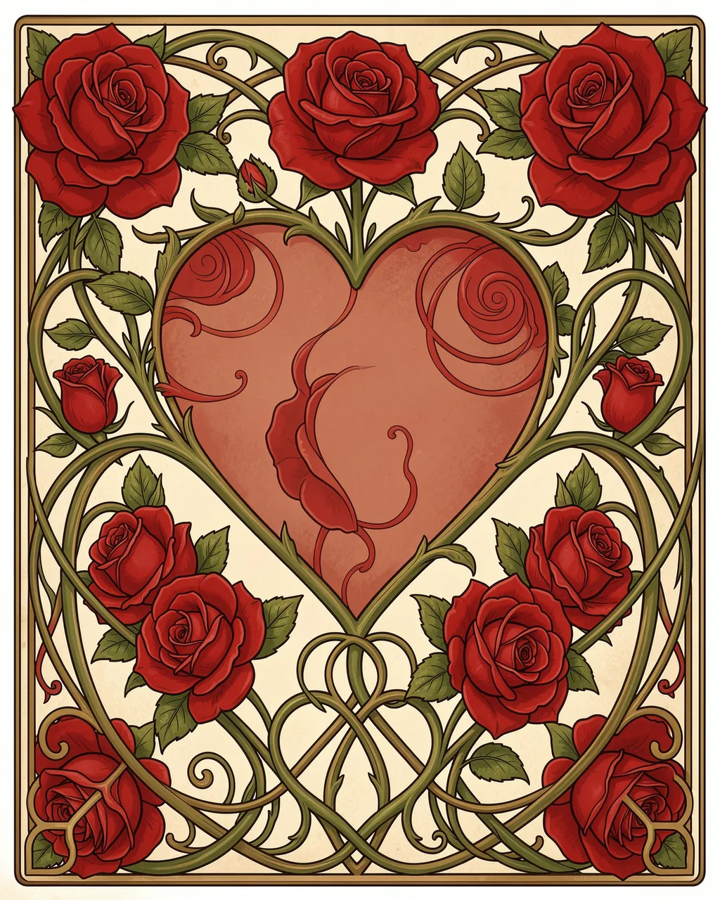 Art nouveau illustration of a heart framed by swirling vines and red roses on a cream background