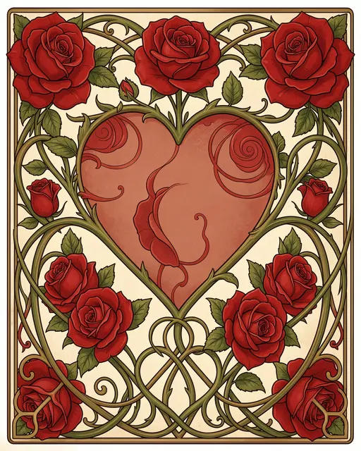 Art nouveau illustration of a heart framed by swirling vines and red roses on a cream background
