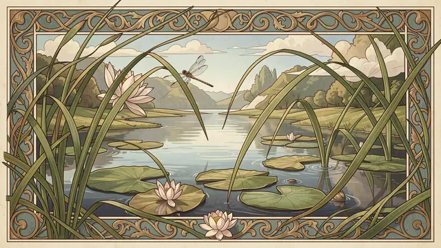 Ornate art nouveau illustration of a still pond with water lilies, curving reeds, and a hovering dragonfly