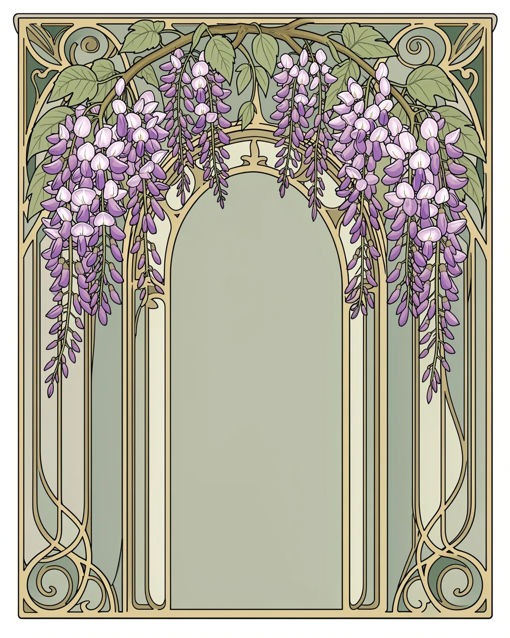 An art nouveau illustration of cascading lilac wisteria framing a blank empty arch in soft sage tones