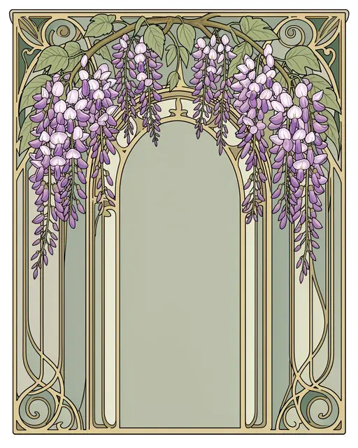An art nouveau illustration of cascading lilac wisteria framing a blank empty arch in soft sage tones
